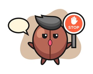 Coffee bean cartoon holding a stop sign