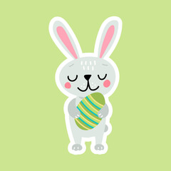Cute sticker Easter bunny with egg. Vector illustration isolated.