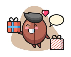 Coffee bean cartoon giving the gift