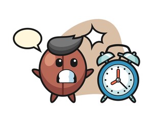 Coffee bean cartoon surprised with a giant alarm clock