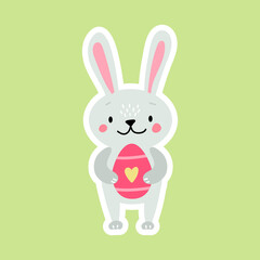 Cute sticker Easter bunny with egg. Vector illustration isolated.