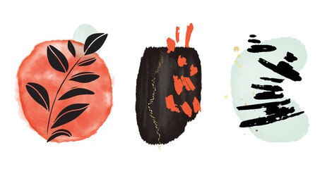 Mint abstract bohemian watercolor  circles. Nordic texture orange black. Surface design in vector.  Boho rustc one line plant, oriental minimalist art, watercolor painting texture shapes