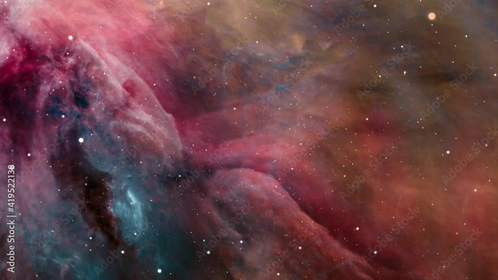 Sticker 4k 3d spaceship flies around the orion nebula. flight through space diffuse nebula and clusters of s