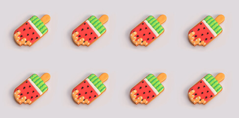 Colorful Ice cream pattern on gray background banner.  Summer concept. Flat lay.