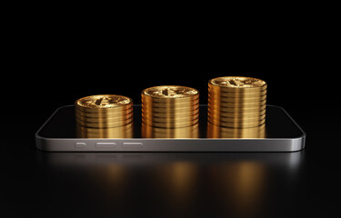 Bitcoin BTC cryptocurrency coins and smartphone on a black background, 3d rendering.
