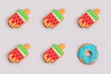 Colorful Ice cream pattern on gray background banner.  Summer concept. Flat lay.
