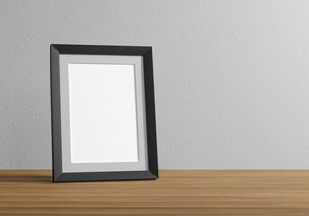 Blank photo frame on wooden table and cement background, 3d illustration.