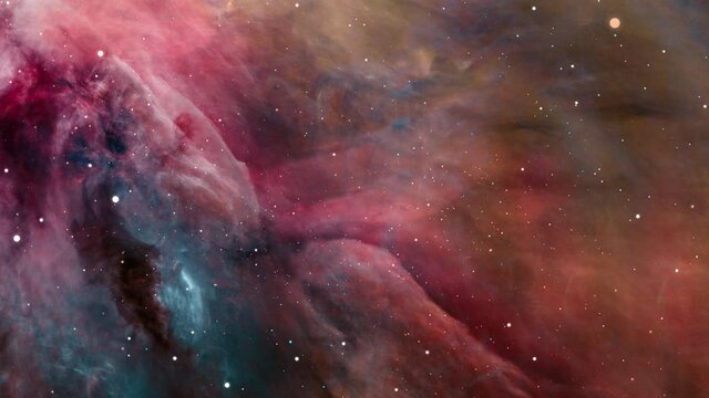 4K 3D Spaceship flies around the Orion nebula. Flight Through Space diffuse nebula and clusters of stars in the Milky Way galaxy. It is one of the brightest nebulae. Elements furnished by NASA images.