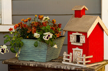 Fototapeta na wymiar A close up view of a red hand made farm house model placed next to a pot of pansy and chrysanthemum (mum) flowers. It is a vintage stylish porch decoration placed on a wooden stool outside.