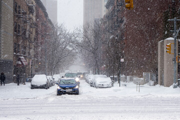 White winter snow fall day in the big apple new york city manhattan buildings streets and walkways