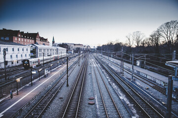 Winter train station with sunset in Copenhagen.
