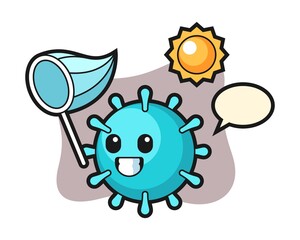 Virus cartoon is catching butterfly