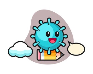 Virus cartoon riding on a giant pencil