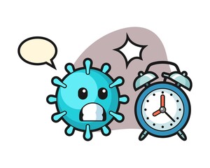Virus cartoon surprised with a giant alarm clock