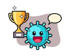Virus cartoon happy holding up the golden trophy
