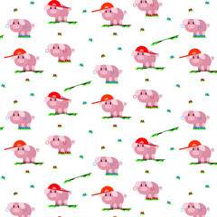 Fototapeta premium Piglets on skate and roller skates. Health and sports. Children and sports. Factory textiles. Gift paper.Hobby.