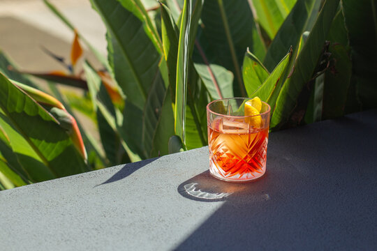 Negroni Cocktail Photo taken outside near beautiful garden in bar. Great on it's own, for social media or for a poster. (landscape)