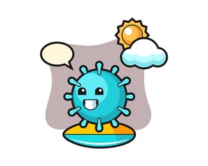 Virus cartoon do surfing on the beach