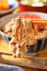 Gyudon - a bowl of rice with sliced beef, onion and sweet sauce.   