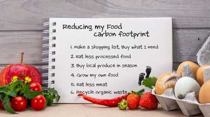 Note pad with Reducing my food carbon footprint heading and list of ways to reduce carbon pollution...