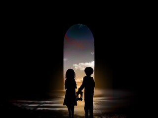 A cutout illustration of a brother with a lamp and a scared sister finding a doorway in the dark with blue sky and drifting clouds.