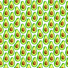 Watercolor Green Avocado Slices Seamless Pattern. Hand drawn fresh exsotic fruit. Vegetarian organic Food. Colorful texture, background for design menu, textile, scrapbooking, package, wrapping paper