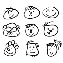 hand drawn doodle comic Faces with various Emotions illustration isolated