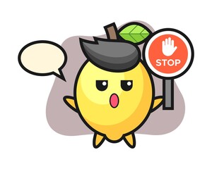 Lemon character illustration holding a stop sign