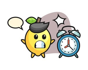 Cartoon illustration of lemon is surprised with a giant alarm clock