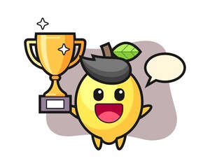 Cartoon illustration of lemon is happy holding up the golden trophy
