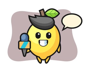 Character mascot of lemon as a news reporter