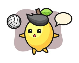 Character cartoon of lemon is playing volleyball