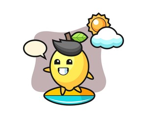 Illustration of lemon cartoon do surfing on the beach