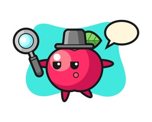 Apple cartoon character searching with a magnifying glass