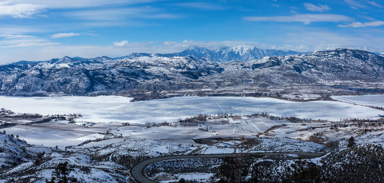 Panorama of Canada's small town Osoyoos in British Columbia. Beautiful winter landscape 