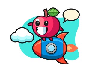 Apple mascot character riding a rocket