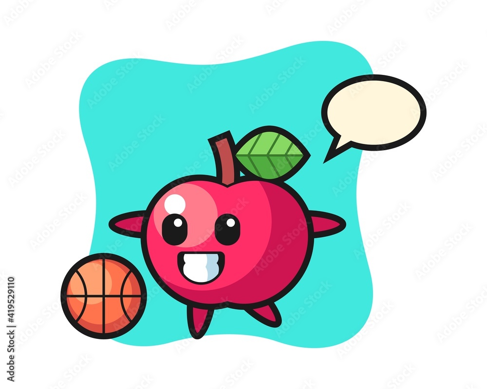 Sticker illustration of apple cartoon is playing basketball