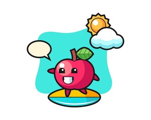 Illustration of apple cartoon do surfing on the beach
