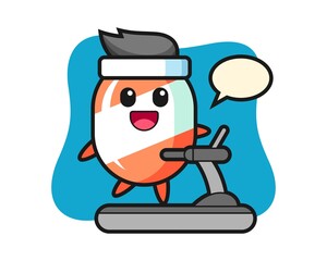 Candy cartoon character walking on the treadmill