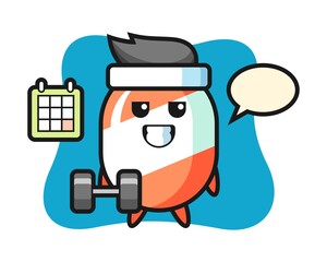 Candy mascot cartoon doing fitness with dumbbell