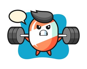 Candy mascot cartoon with a barbell