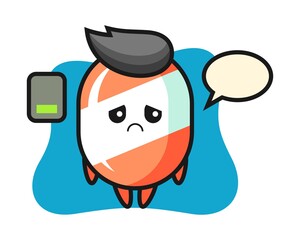 Candy mascot character doing a tired gesture