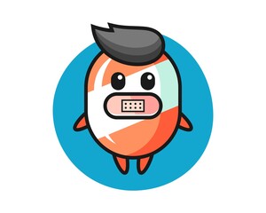 Cartoon illustration of candy with tape on mouth