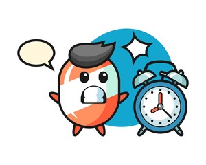 Cartoon illustration of candy is surprised with a giant alarm clock