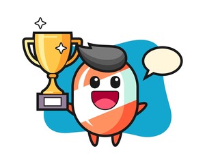 Cartoon illustration of candy is happy holding up the golden trophy