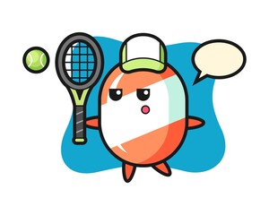 Cartoon character of candy as a tennis player