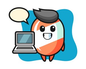 Mascot illustration of candy with a laptop