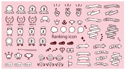 手書き風シンプルで可愛いランキングとリボンのアイコン素材セット