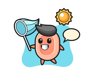 Soap mascot illustration is catching butterfly