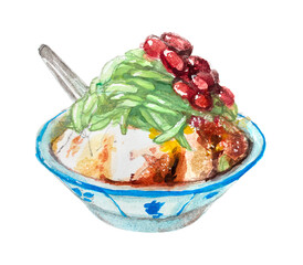 Delicious iced cendol with red beans isolated on white background with watercolor illustration style